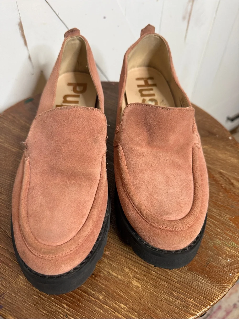 Hush Puppies Lucy Suede Loafers in Dusty Pink with Chunky Black Sole